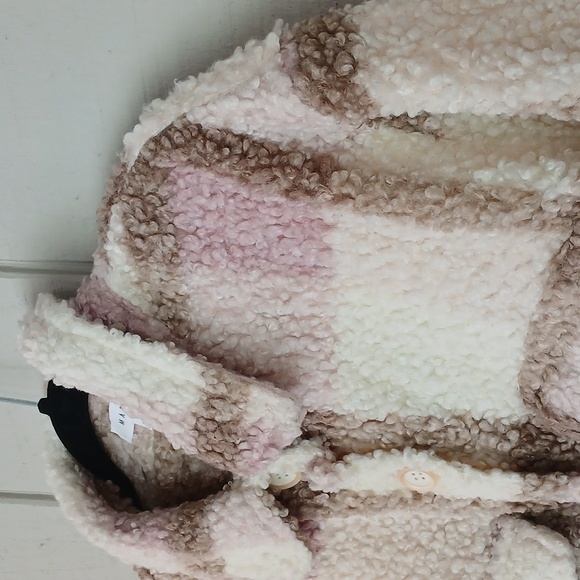 Mable Anthropologie Plaid Sherpa Barn Button Down Jacket Pink Cream Medium - Picture 3 of 9